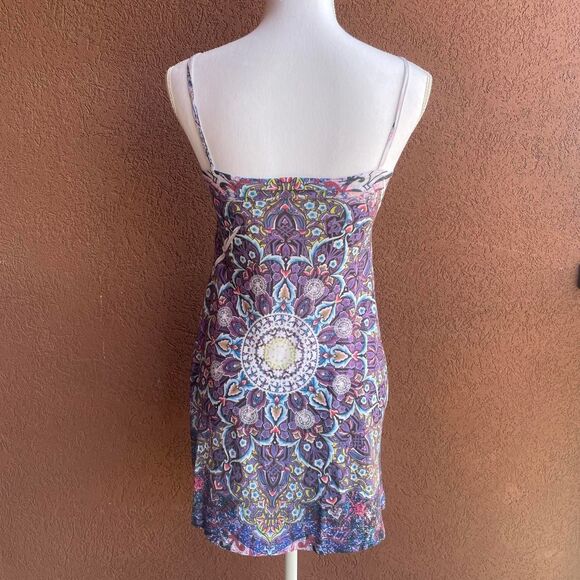 Y2K Purple/Blue Americana Tattoo Art Block Print Bedazled Mandala Mini Dress - Picture 8 of 8